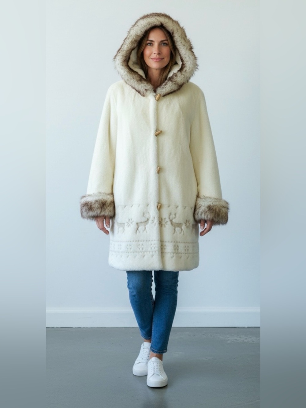 Fen-Nelli Cream Faux Fur Hooded Parka Vintage Size 16